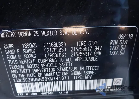 2019 Honda Hr-V Ex z USA, uszkodzony, nr VIN 3CZRU6H59KM741871
